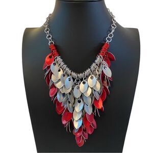 Artisan Designed & Created One of a Kind Red & Silver Bib Statement Necklace